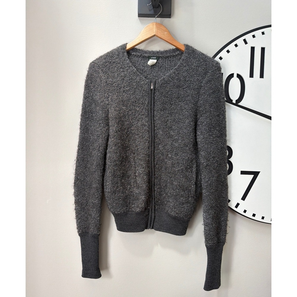 J.Crew Full Zip Cardigan Womens S Grey Wool Alpaca Blend Boucle Sweater Y2K